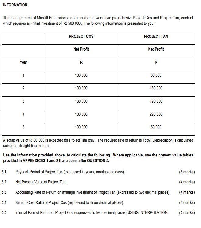 Information The Management Of Mastiff Enterprises Has A Choice Between Two Projects Viz Project Cos And Project Tan Ea 1