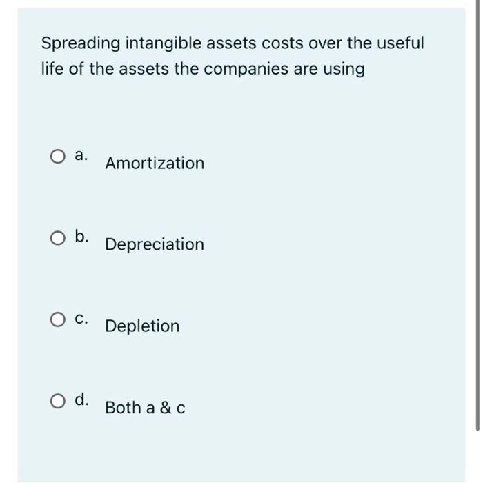 Spreading Intangible Assets Costs Over The Useful Life Of The Assets The Companies Are Using O A Amortization O B O C 1