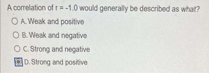 A Correlation Of R 1 0 Would Generally Be Described As What O A Weak And Positive Ob Weak And Negative Oc Strong 1