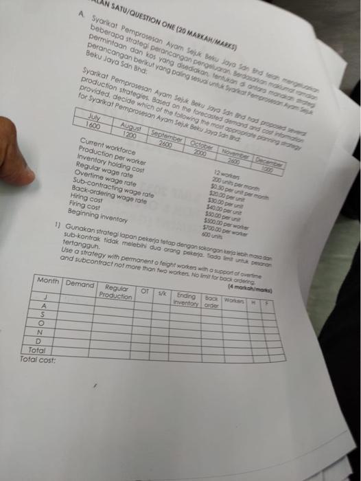 J A S O An Satu Question One 20 Markah Marks A Syarikat Pemprosesan Ayam Sejuk Beku Jaya Sdn Bhd Telah Mengeluation Be 1