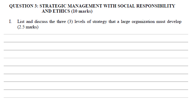 Question 3 Strategic Management With Social Responsibility And Ethics 10 Marks I List And Discuss The Three 3 Leve 1
