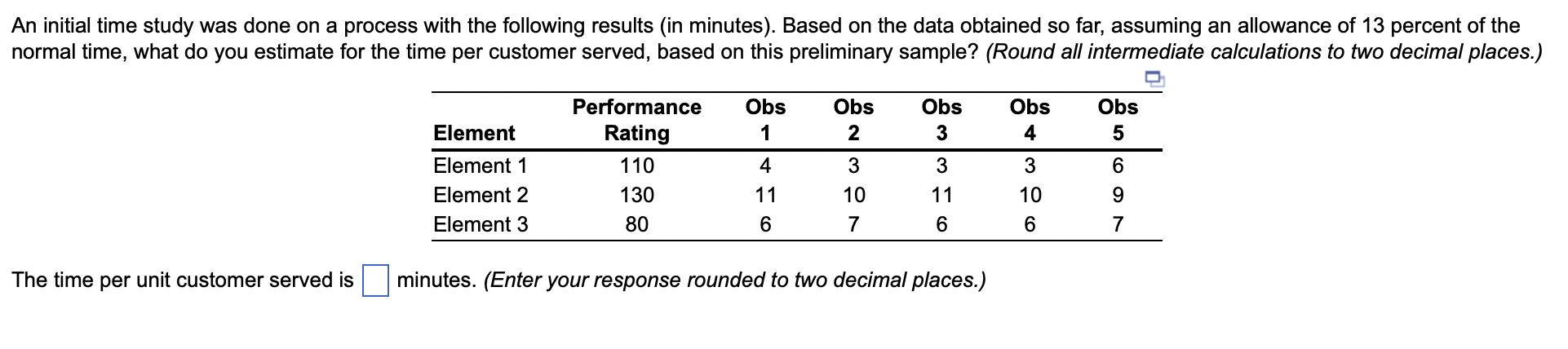 An Initial Time Study Was Done On A Process With The Following Results In Minutes Based On The Data Obtained So Far 1