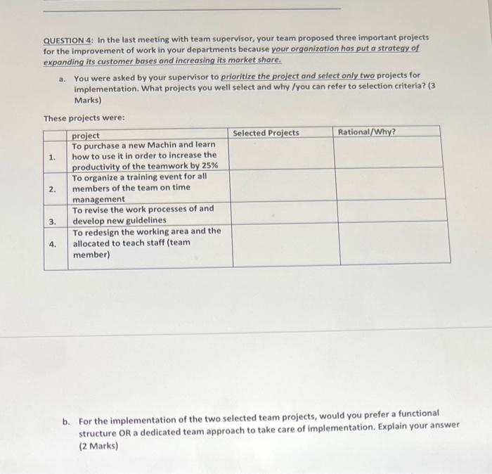 Question 4 In The Last Meeting With Team Supervisor Your Team Proposed Three Important Projects For The Improvement Of 1
