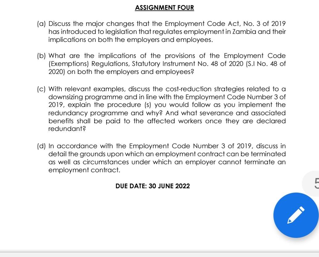 Assignment Four A Discuss The Major Changes That The Employment Code Act No 3 Of 2019 Has Introduced To Legislation 1
