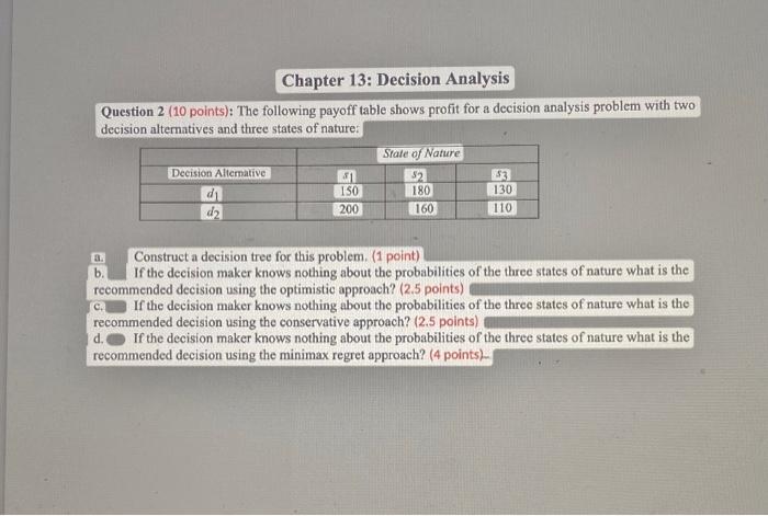 Chapter 13 Decision Analysis Question 2 10 Points The Following Payoff Table Shows Profit For A Decision Analysis Pr 1