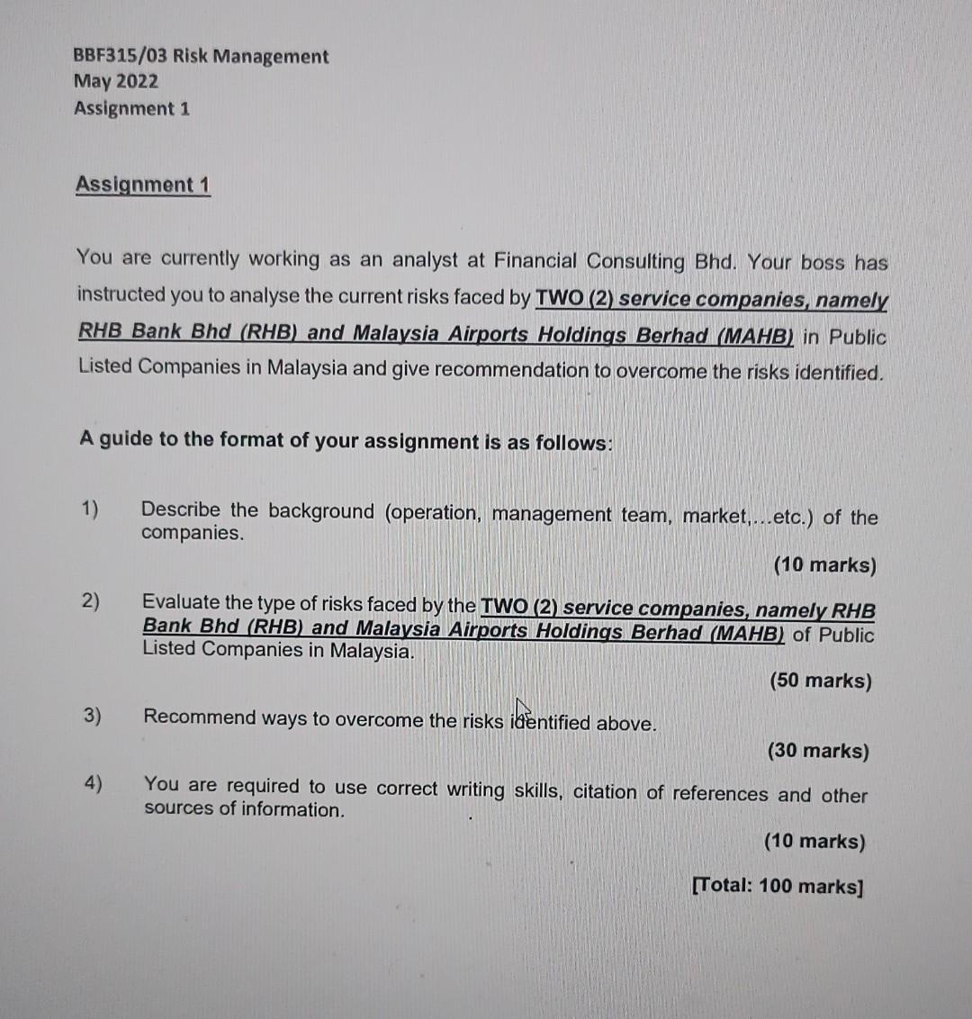 Bbf315 03 Risk Management May 2022 Assignment 1 Assignment 1 You Are Currently Working As An Analyst At Financial Consul 1