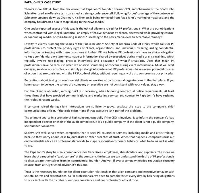 Papa John S Case Study There S More Fallout From The Disclosure That Papa John S Founder Former Ceo And Chairman Of Th 1