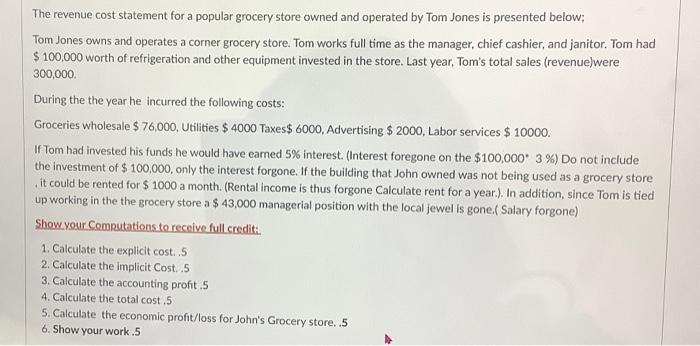 The Revenue Cost Statement For A Popular Grocery Store Owned And Operated By Tom Jones Is Presented Below Tom Jones Own 1