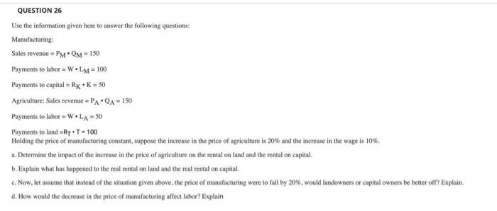 Question 26 Use The Information Given Here To Answer The Following Questions Manufacturing Sales Revenue Pm Qm 150 1