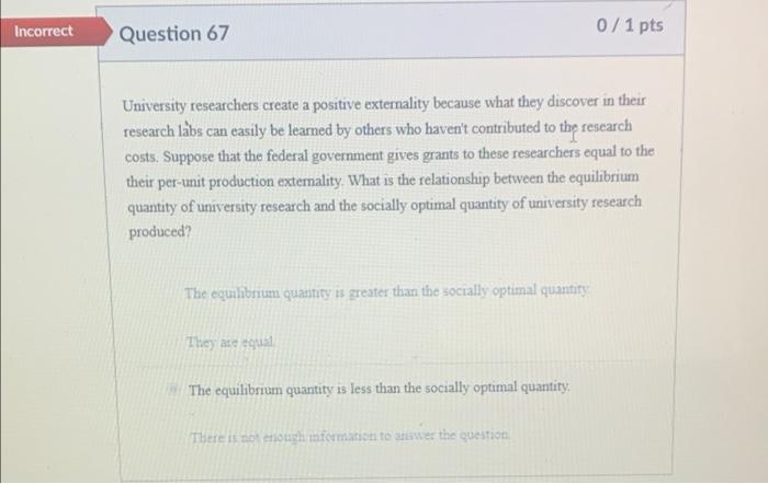 Incorrect Question 67 University Researchers Create A Positive Externality Because What They Discover In Their Research 1