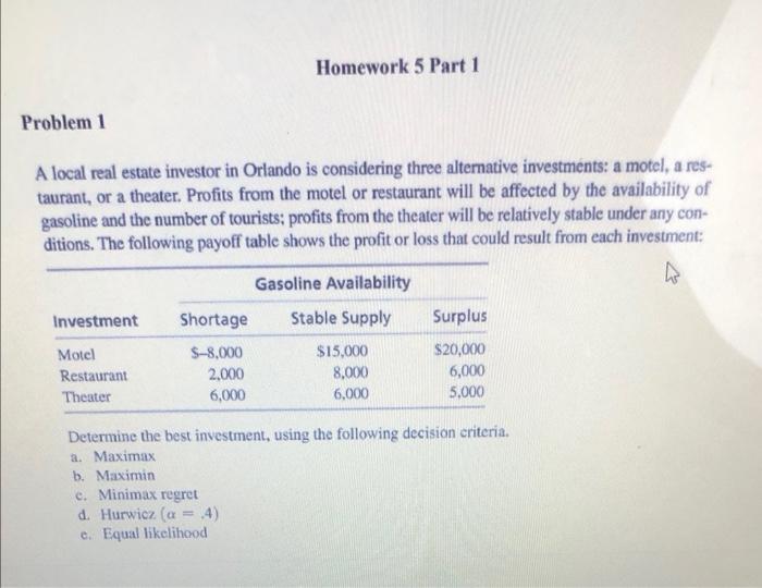 Problem 1 A Local Real Estate Investor In Orlando Is Considering Three Alternative Investments A Motel A Res Taurant 1