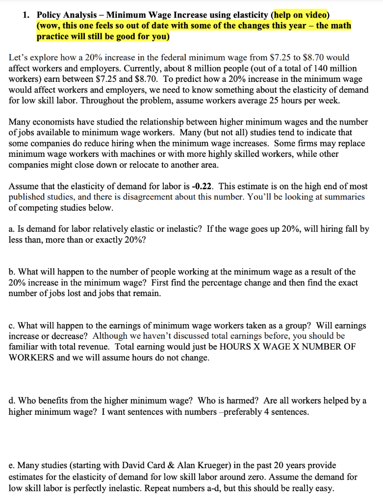 1 Policy Analysis Minimum Wage Increase Using Elasticity Help On Video Wow This One Feels So Out Of Date With Som 1