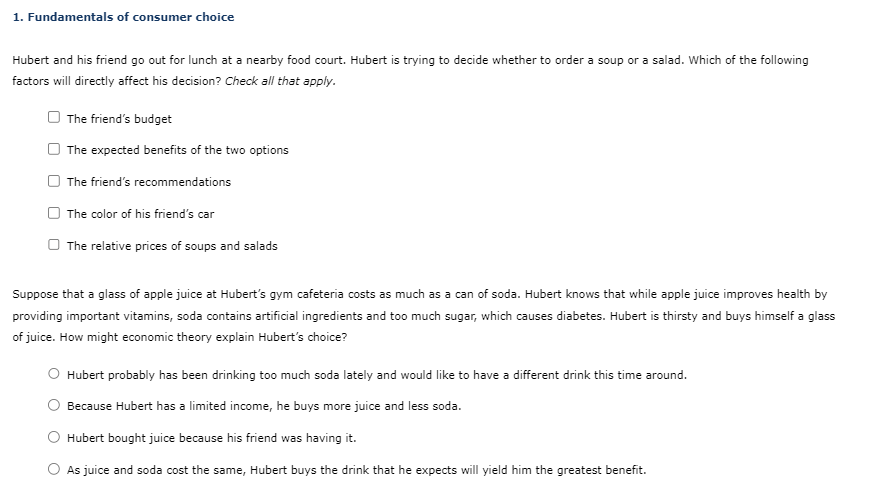 1 Fundamentals Of Consumer Choice Hubert And His Friend Go Out For Lunch At A Nearby Food Court Hubert Is Trying To De 1