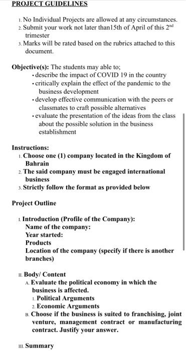 Project Guidelines 1 No Individual Projects Are Allowed At Any Circumstances 2 Submit Your Work Not Later Than 15th O 1
