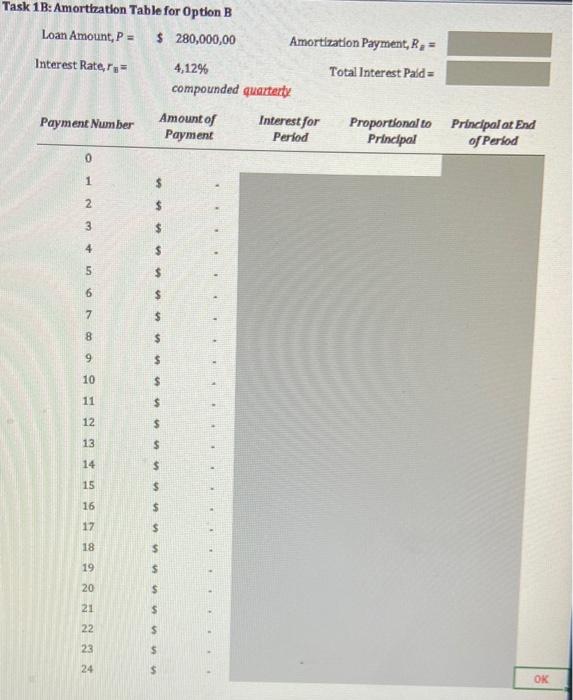 Task 1b Amortization Table For Option B Loan Amount P 280 000 00 Amortization Payment R Interest Rate R 4 1 1