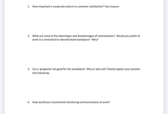 1 How Important Is Corporate Culture To Customer Satisfaction Two Reasons 2 What Are Some Of The Advantages And Disad 1