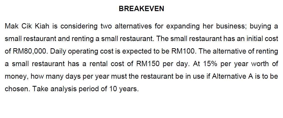 Breakeven Mak Cik Kiah Is Considering Two Alternatives For Expanding Her Business Buying A Small Restaurant And Renting 1
