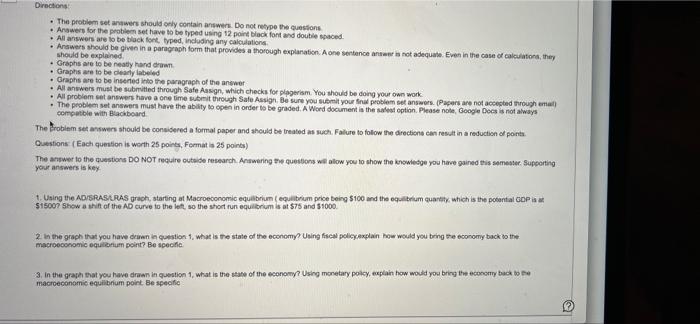 Directions The Problem Set Answers Should Only Contain Answers Do Not Retype The Questions Answers For The Problem Set 1