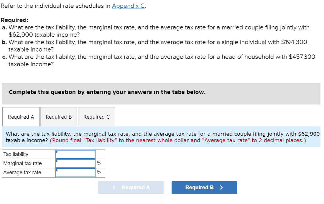 Refer To The Individual Rate Schedules In Appendix C Required A What Are The Tax Liability The Marginal Tax Rate An 1