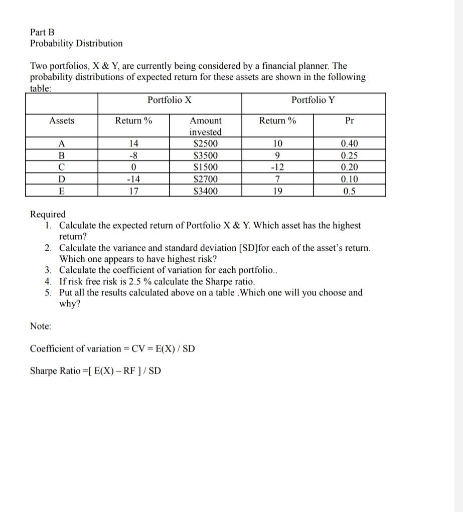 Part B Probability Distribution Two Portfolios X Y Are Currently Being Considered By A Financial Planner The Probab 1