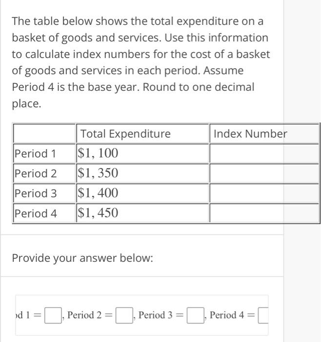 The Table Below Shows The Total Expenditure On A Basket Of Goods And Services Use This Information To Calculate Index N 1