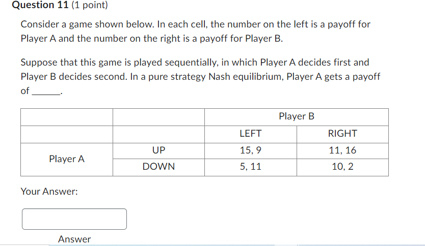 Question 11 1 Point Consider A Game Shown Below In Each Cell The Number On The Left Is A Payoff For Player A And The 1