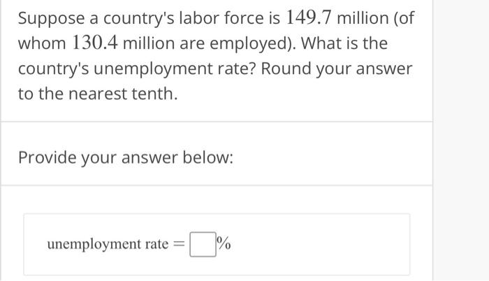 Suppose A Country S Labor Force Is 149 7 Million Of Whom 130 4 Million Are Employed What Is The Country S Unemploymen 1