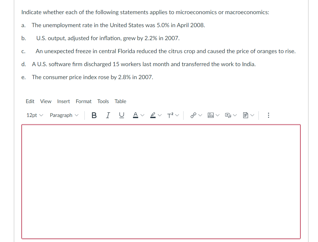 Indicate Whether Each Of The Following Statements Applies To Microeconomics Or Macroeconomics A The Unemployment Rate 1
