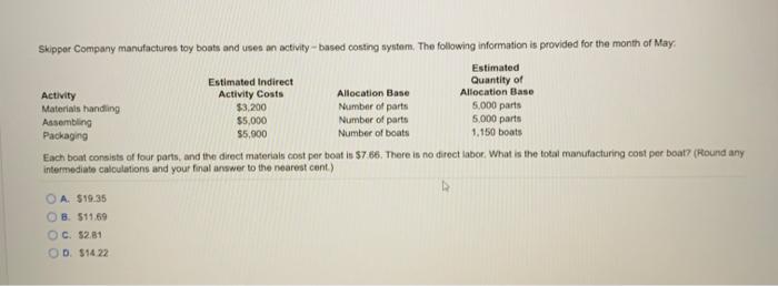 Skipper Company Manufactures Toy Boots And Uses An Activity Based Costing System The Following Information Is Provide 1