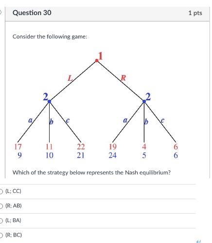Question 30 Consider The Following Game 17 9 Which Of The Strategy Below Represents The Nash Equilibrium 11 10 L Cc 1