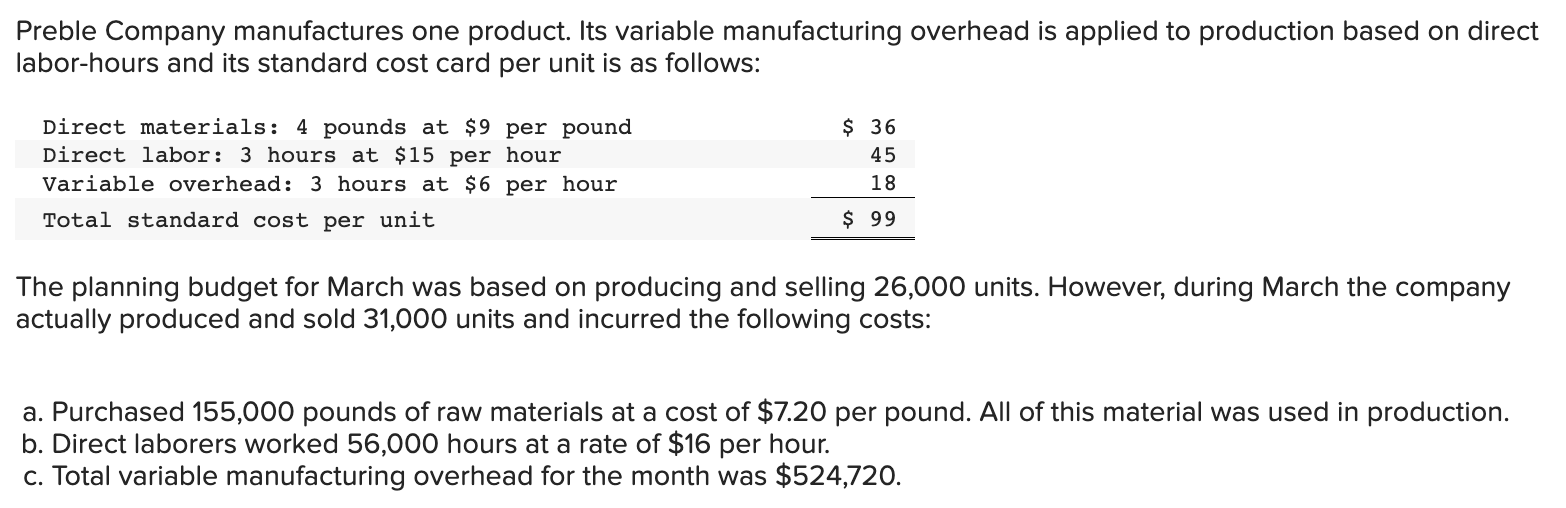 Preble Company Manufactures One Product Its Variable Manufacturing Overhead Is Applied To Production Based On Direct La 1