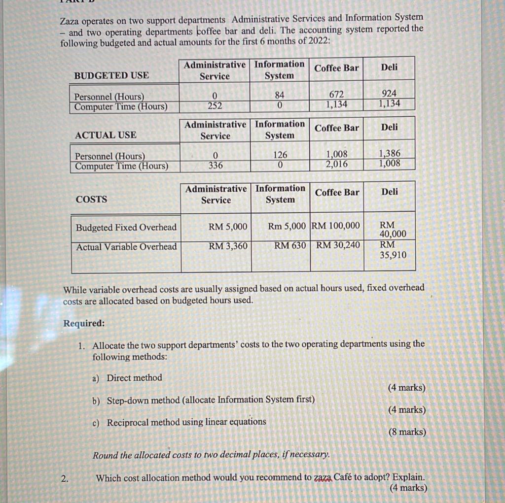 Zaza Operates On Two Support Departments Administrative Services And Information System And Two Operating Departments 1