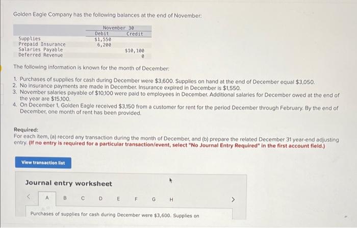 Golden Eagle Company Has The Following Balances At The End Of November November 30 Supplies Prepaid Insurance Salaries 1