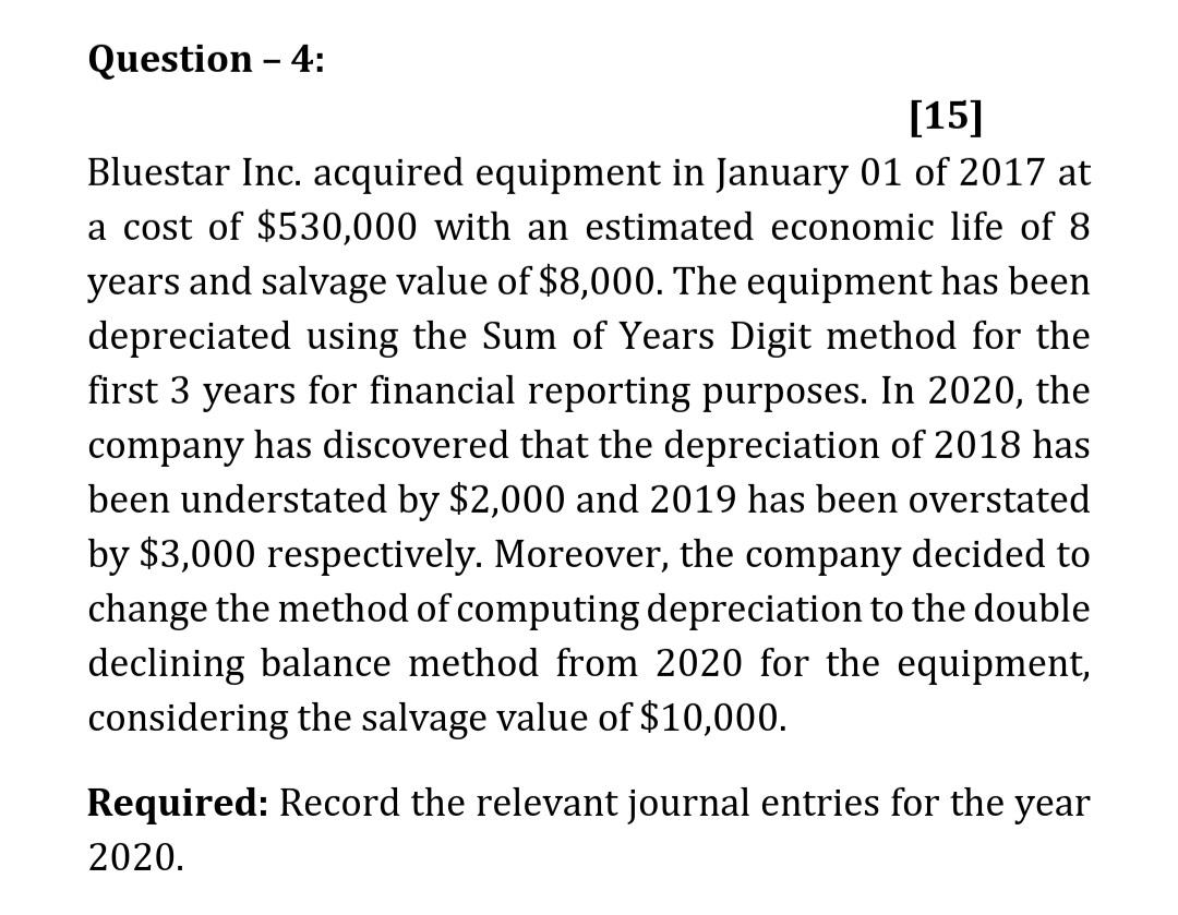 Question 4 15 Bluestar Inc Acquired Equipment In January 01 Of 2017 At A Cost Of 530 000 With An Estimated Econom 1