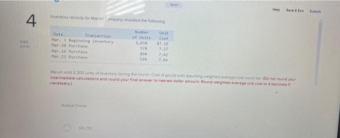 4 0 66 Points Inventory Records For Marvin Company Revealed The Following Number Of Units 1 050 570 890 520 Date Transac 1