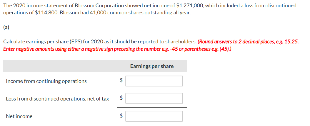 The 2020 Income Statement Of Blossom Corporation Showed Net Income Of 1 271 000 Which Included A Loss From Discontinue 1