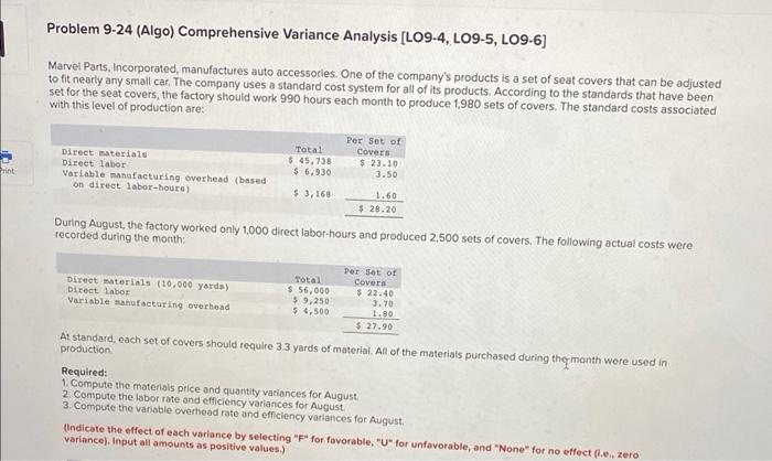 Print Problem 9 24 Algo Comprehensive Variance Analysis Lo9 4 Lo9 5 Lo9 6 Marvel Parts Incorporated Manufactures 1