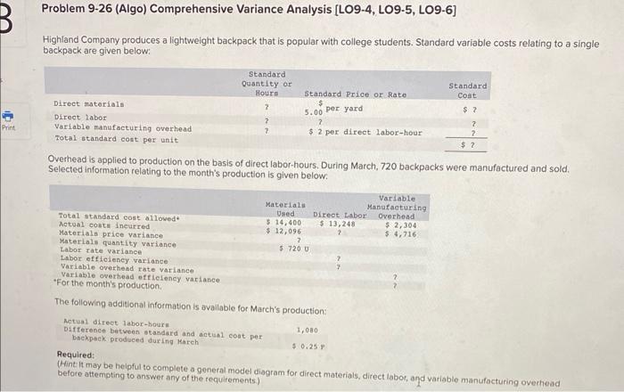 Problem 9 26 Algo Comprehensive Variance Analysis Lo9 4 Lo9 5 Lo9 6 B Highland Company Produces A Lightweight Back 1