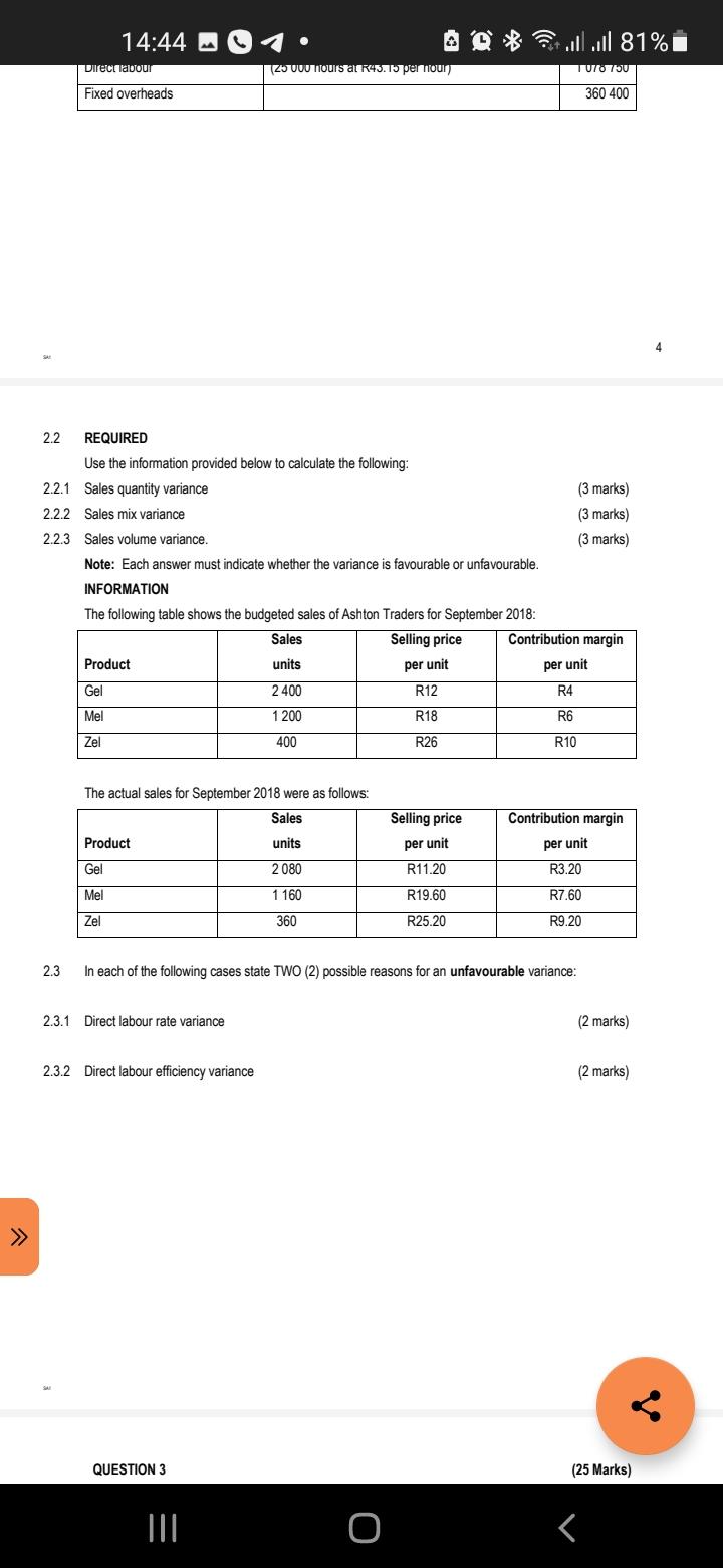 2 2 14 44 Direct Labour Fixed Overheads 2 3 2 2 1 Sales Quantity Variance 2 2 2 Sales Mix Variance Required Use The In 1