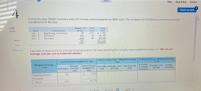 4 0 88 Points Boon Www Anteces Date Jan 1 Hey S Nov 3 Transaction Beginning Inventory Purchase Purchase During The Ye 1