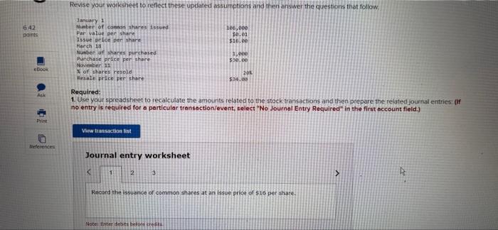 6 42 Points Ebook Ask Print References Revise Your Worksheet To Reflect These Updated Assumptions And Then Answer The Qu 1
