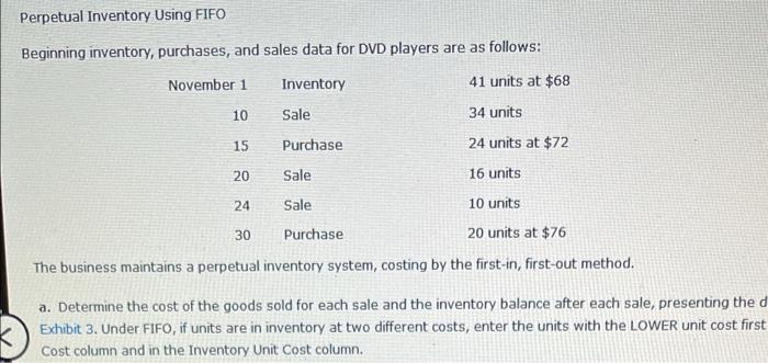 Perpetual Inventory Using Fifo Beginning Inventory Purchases And Sales Data For Dvd Players Are As Follows November 1 1