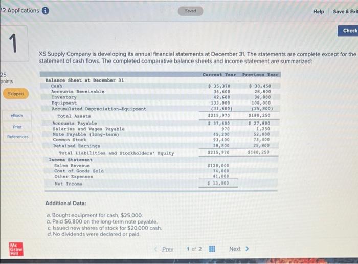 12 Applications I 25 Points Skipped Ebook 1 Xs Supply Company Is Developing Its Annual Financial Statements At December 1