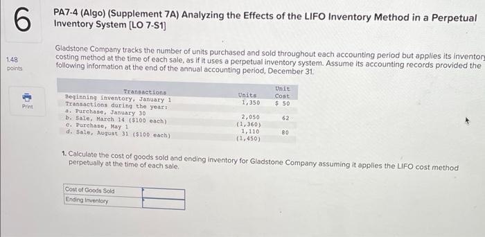 6 Pa7 4 Algo Supplement 7a Analyzing The Effects Of The Lifo Inventory Method In A Perpetual Inventory System Lo 7 1
