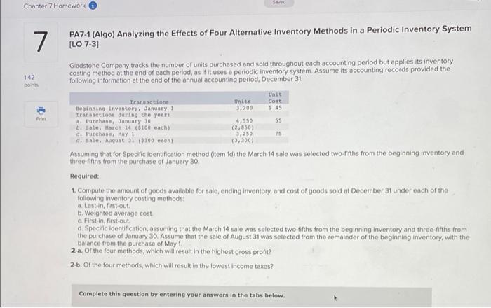 Chapter 7 Homework 7 Pa7 1 Algo Analyzing The Effects Of Four Alternative Inventory Methods In A Periodic Inventory Sy 1