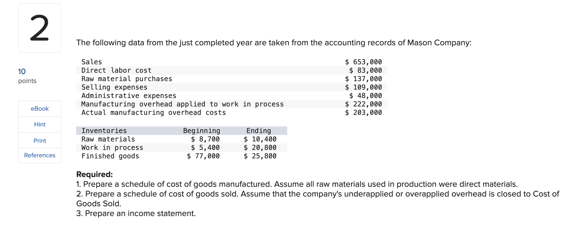 2 10 Points Ebook Hint Print References The Following Data From The Just Completed Year Are Taken From The Accounting Re 1