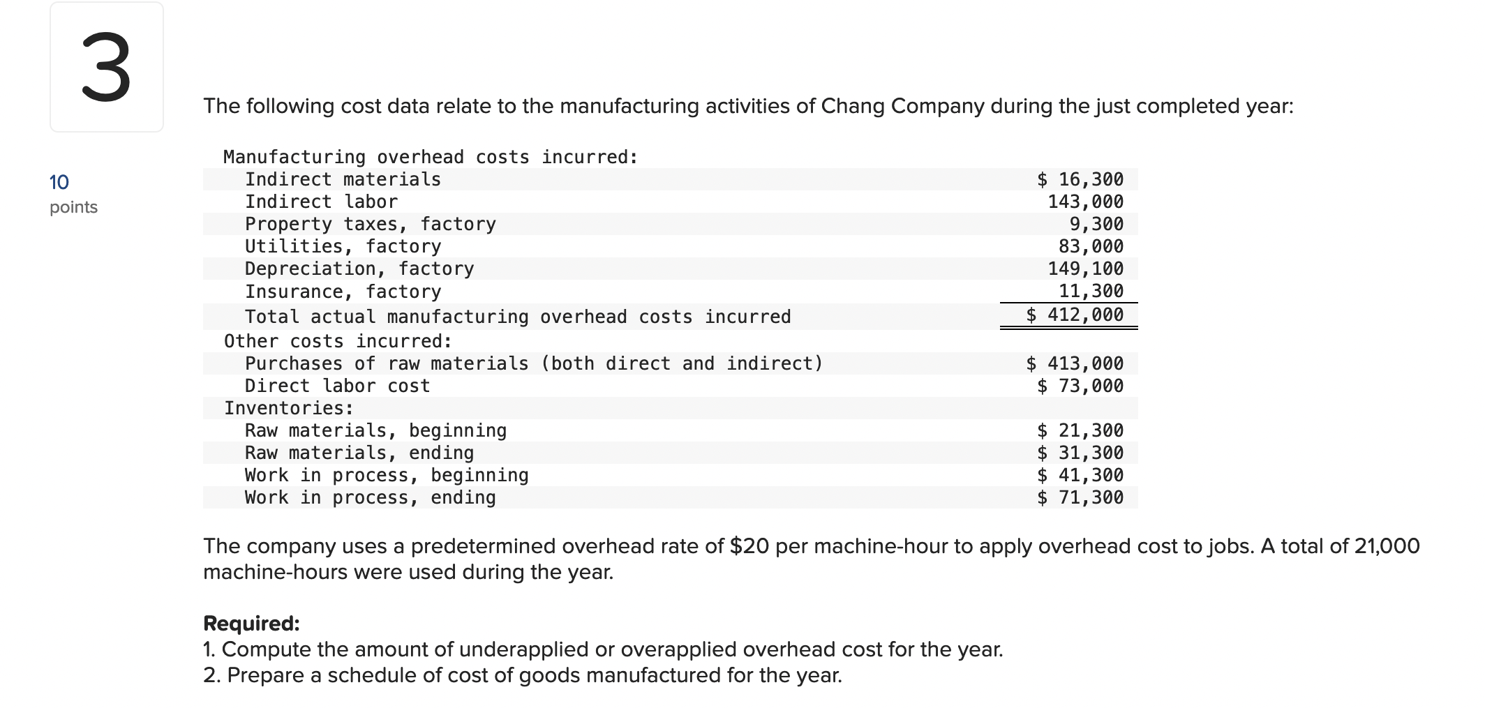 3 10 Points The Following Cost Data Relate To The Manufacturing Activities Of Chang Company During The Just Completed Ye 1