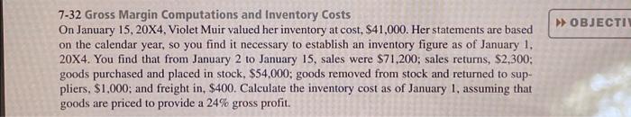 7 32 Gross Margin Computations And Inventory Costs On January 15 20x4 Violet Muir Valued Her Inventory At Cost 41 00 1
