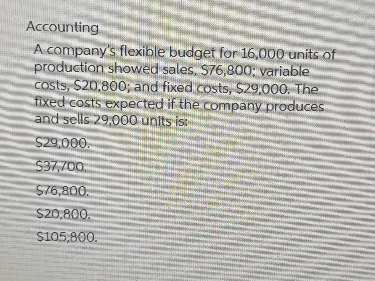 Accounting A Company S Flexible Budget For 16 000 Units Of Production Showed Sales 76 800 Variable Costs 20 800 An 1