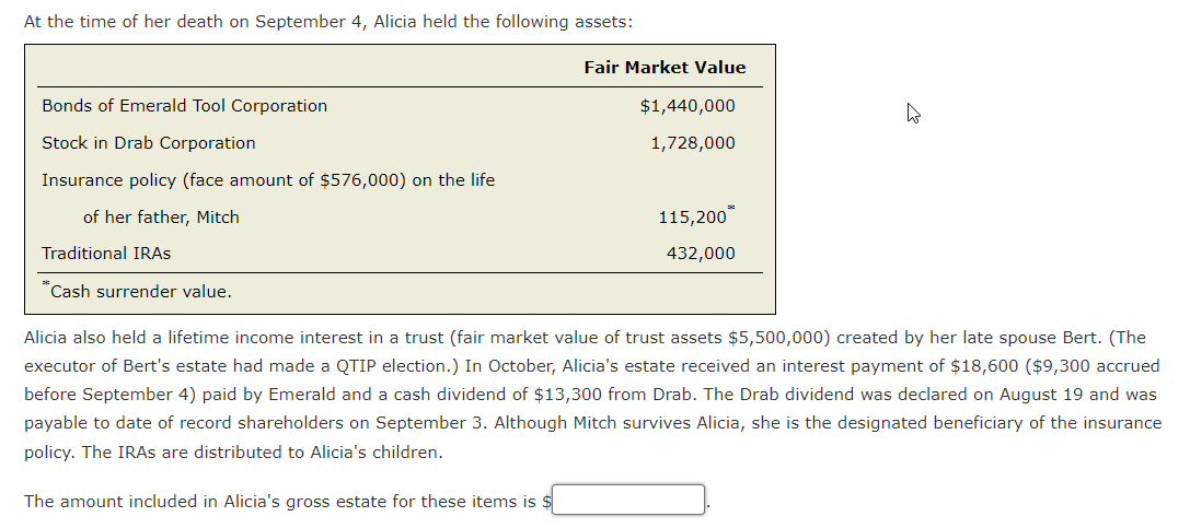 At The Time Of Her Death On September 4 Alicia Held The Following Assets Bonds Of Emerald Tool Corporation Stock In Dr 1